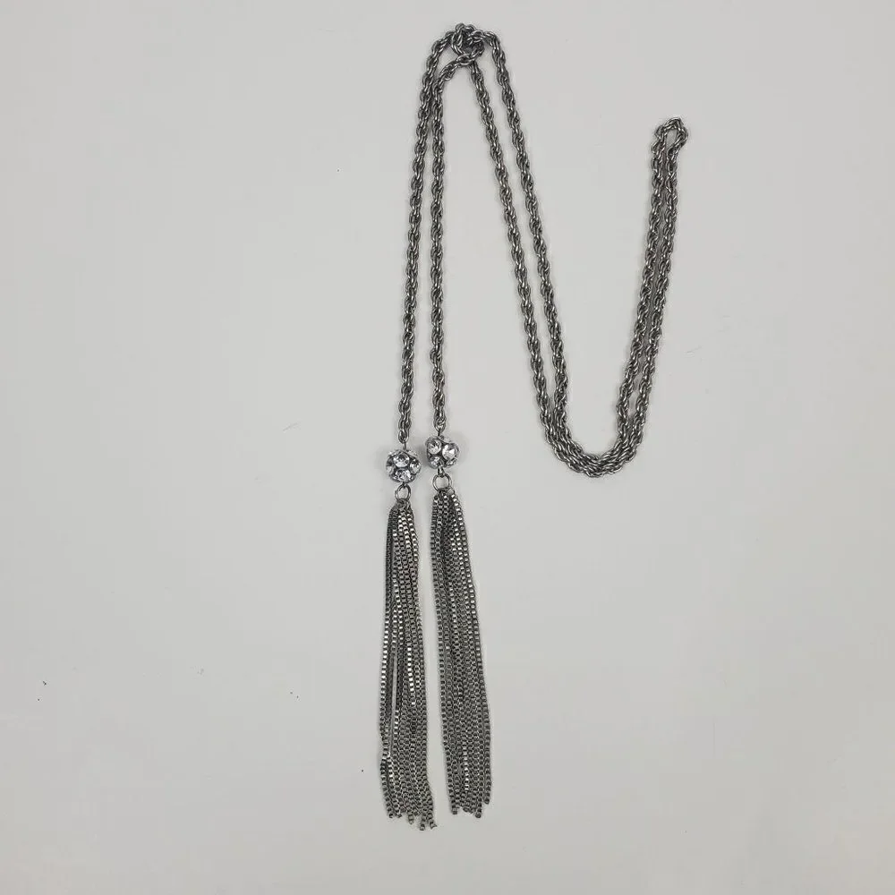 Vintage Silver Tone Rope Chain Box Tassel Round Clear Ball Lariat Opera Necklace
